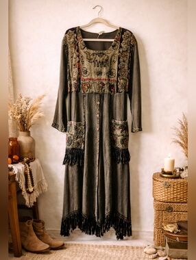 Vintage Papa Vancouver Boho Fringe Midi Dress Size L Embroidered Olive Green